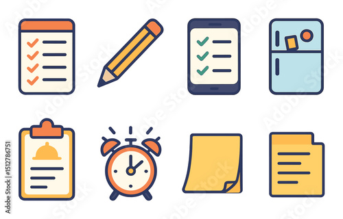 Modern grocery list flat icon set. shopping checklist and meal planning symbols