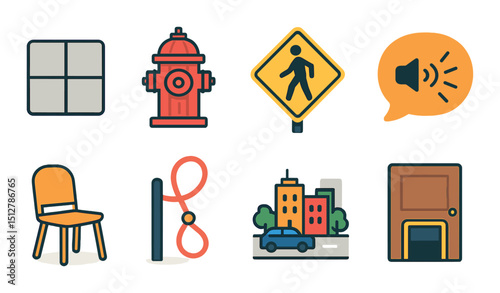 City walk flat icon set. urban symbols and pedestrian pathway graphics
