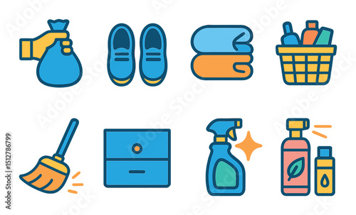 Cleaning and organizing flat icon set. tidy up and declutter symbols