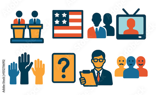 Political debate icon set. flat style symbols for discussion and election themes