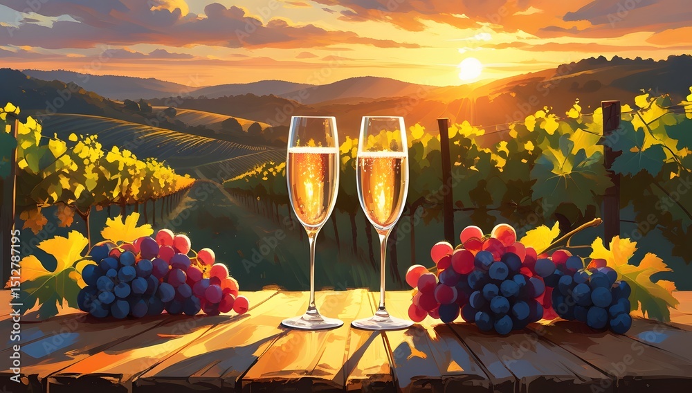 Naklejka premium Sunset Vineyard Toast Two Champagne Glasses with Grapes