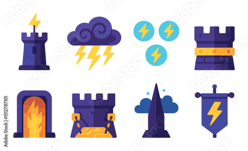 Storm-themed flat icon set: fortress and lightning symbols for fantasy designs