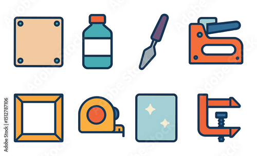 Canvas preparation icon set in simple flat style. art and craft tools collection