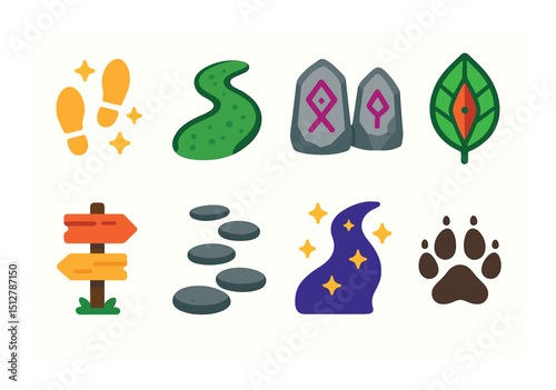 Magic forest flat icon set. enchanted woodland and nature symbols