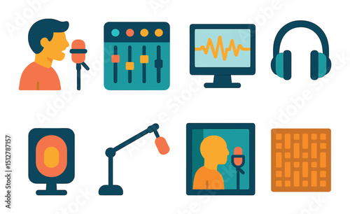 Recording session flat icon set. music production and audio engineering symbols