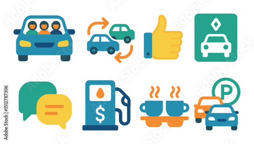 Carpooling and sharing flat icon set. ride-sharing and eco transportation symbols