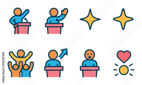 Motivational and leadership flat icon set. inspiration and success symbols