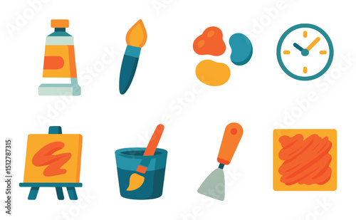 Acrylic painting flat icon set. artistic tools and creative art resources
