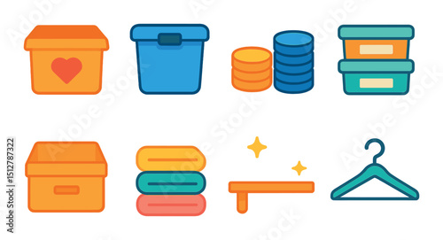Decluttering and organization icon set: flat style, tidying and storage symbols