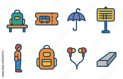 Bus stop flat icon set. commuting and transportation symbols for easy navigation