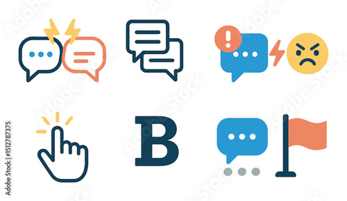 Online debate icon set: flat chat, discussion, and communication symbols