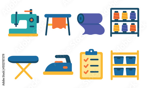 Textile workshop flat icon set. sewing, fabric, tailoring craft symbols
