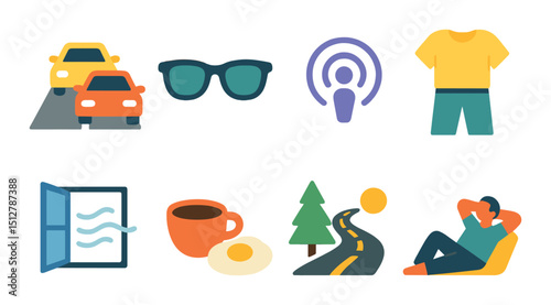 Weekend commute silhouette icon set. leisure and travel symbols for easy navigation
