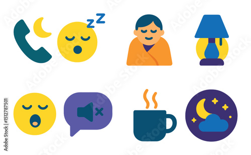 Late night call flat icon set. sleep, communication, and bedtime symbols