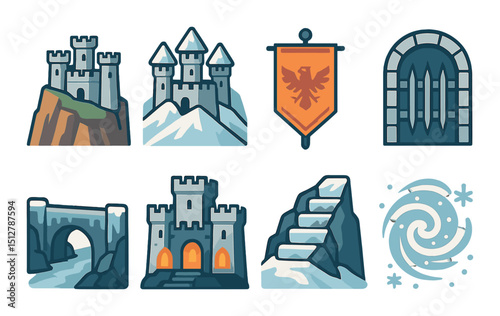 Mountain fortress icon set: flat castle symbols and medieval fortress designs