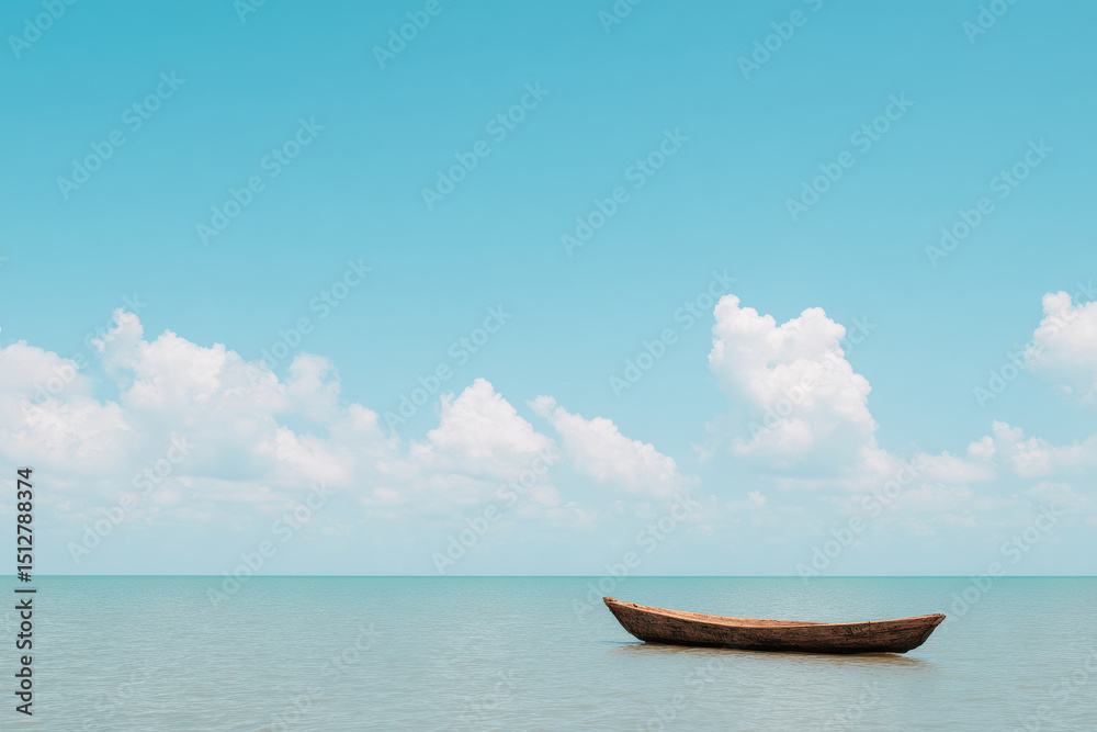Naklejka premium serene and minimalistic coastal landscape featuring solitary vessel on ultrabright sea with clear background