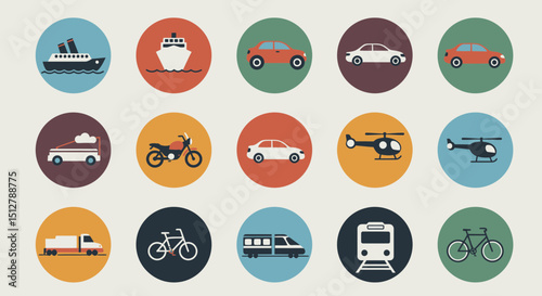 detailed vector icons, various transportation modes, high quality, colorful, simple flat design, retro vintage style
