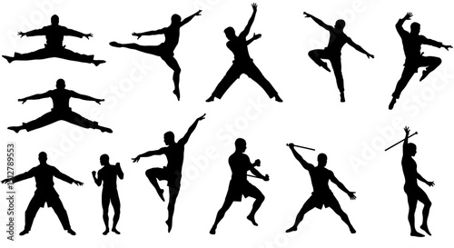 A collection of high-contrast silhouetted figures in various dynamic yoga or martial arts poses, black shapes on a white background, minimalist design, clean lines, elegant, modern