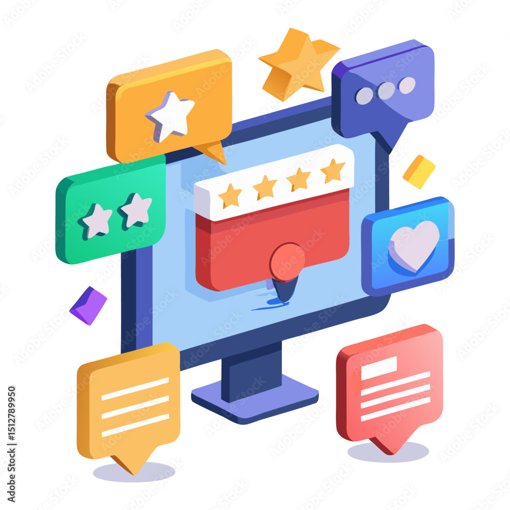 An isometric illustration of a desktop monitor surrounded by colorful speech bubbles, stars, and a heart icon, symbolizing online reviews, feedback, customer satisfaction, and social media engagement. An isometric illustration of a desktop monitor surrounded by colorful speech bubbles, stars, and a heart icon, symbolizing online reviews, feedback, customer satisfaction, and social media engagement.