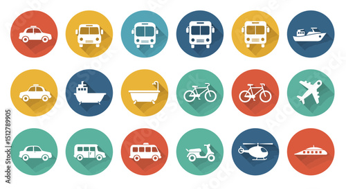 a collection of colorful transportation icons, various vehicles including cars, trucks, buses, trains, boats, bicycles, and more, flat design style, vector illustration