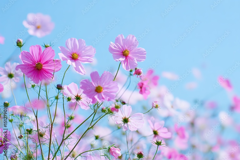 Beautiful Pink Cosmos Flowers Against Blue Sky Beautiful Pink Cosmos Flowers Against Blue Sky