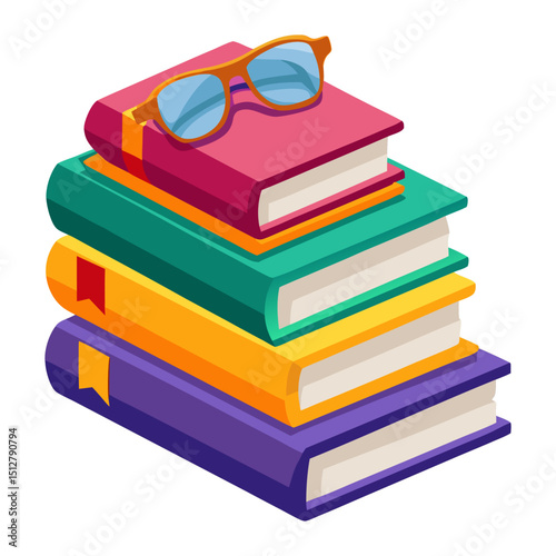 A colorful stack of four books with a pair of reading glasses resting on the top book, symbolizing education, knowledge, learning, and reading.