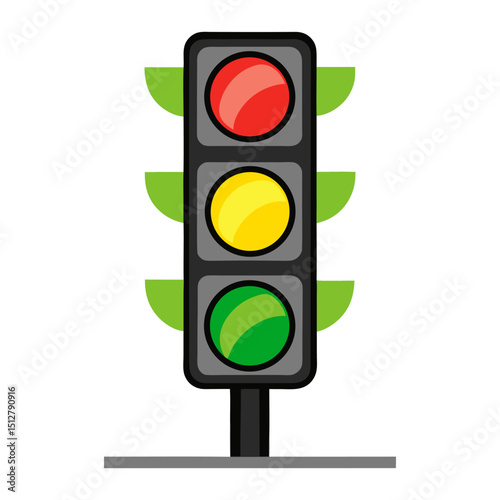 a traffic light with all three lights (red, yellow, green) illuminated, along with green leaf-like accents, symbolizing traffic control, safety, or environmental awareness in transportation.