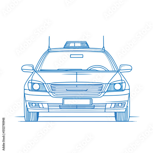 Detailed Vector Illustration of Blue Lines Taxi Cab Vehicle Front View - Professional Graphic Design for Transportation Industry