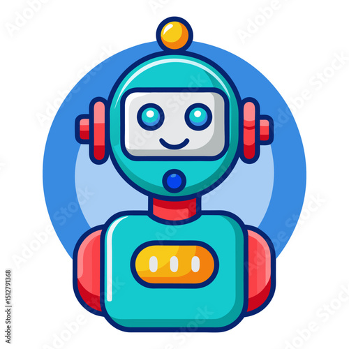 A cute and friendly cartoon robot with a smiling face, rendered in shades of teal, red, and yellow, set against a blue circular background, symbolizing AI, technology, or a helpful bot.