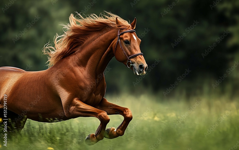 Obraz premium Chestnut horse galloping through field - great for digital content
