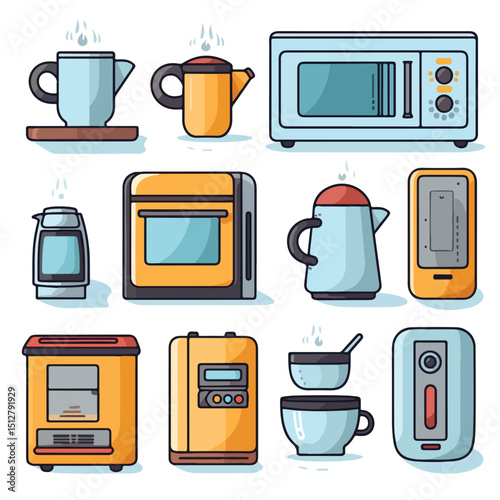 Modern Household Appliances Including Washer, Microwave, Toaster, and Computer on a Kitchen Counter with Coffee and Mac Laptop - Vector Illustration