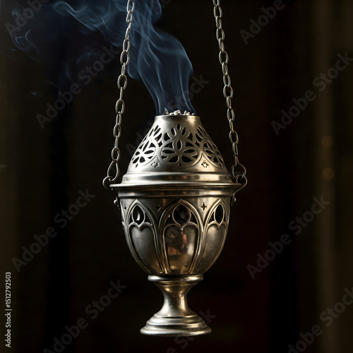 A detailed silver thurible hangs, emitting wisps of smoke through its ornate, perforated lid, set against a dark, somber background