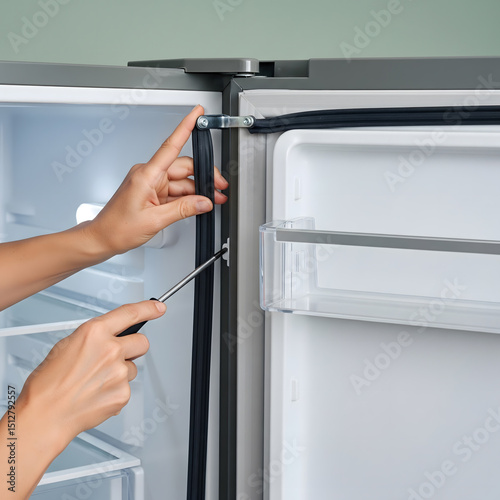 A close-up of hands repairing a refrigerator seal with a screwdriver, showing careful attention to detail on the appliance