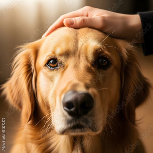 A close-up captures a Golden Retriever's earnest gaze, with a human hand gently petting its head, showing connection