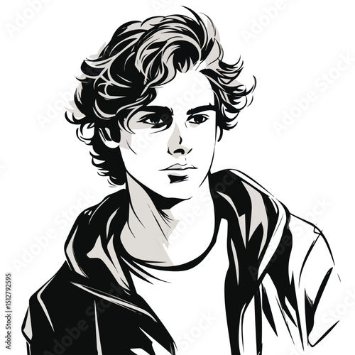 Professional black and white vector illustration of a young man cartoon character