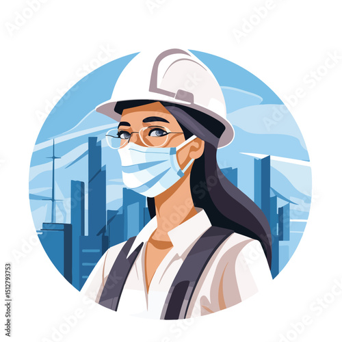 Professional Female Architect Worker Wearing Face Mask in Construction Industry