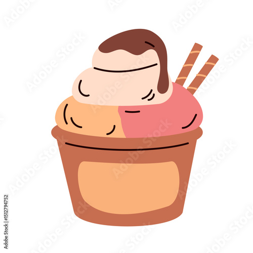 Cartoon of a plastic bucket with three scoops of colorful ice cream. Drawing for summer and dessert promotions