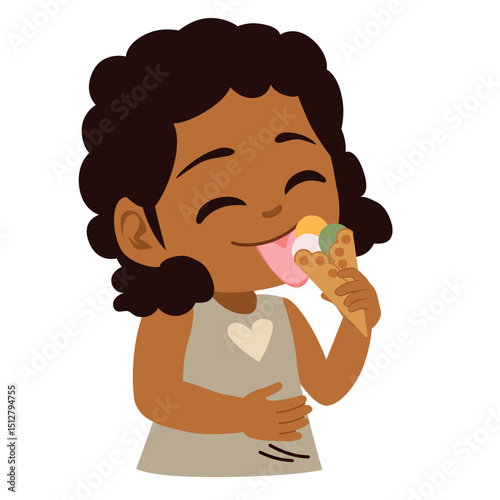Vector cartoon illustration of a baby girl happily licking ice cream. Drawing for summer, children and dessert-related themes