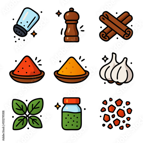 Cooking spices icon with various ingredients like salt, pepper, cinnamon, red chili powder, turmeric, garlic. Suitable for food blogs, menus, recipes, and cooking websites.