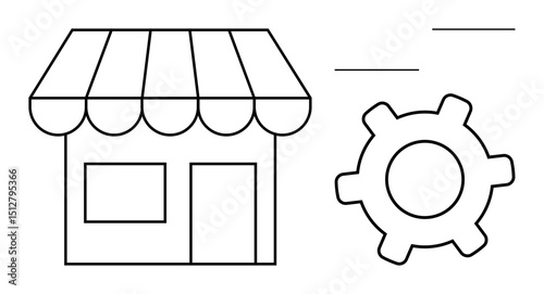 Shop house with storefront awning adjacent to a gear, symbolizing business functionality, operations, and workflows. Ideal for business, automation, process, management, settings retail strategy
