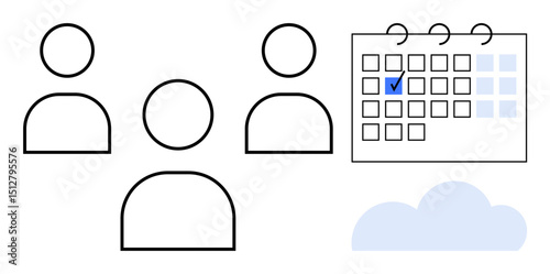 Three simplified human icons near a marked calendar and cloud graphic. Ideal for teamwork, scheduling, productivity, organization, cloud integration, project management, time planning. Flat simple