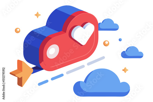 A heart pierced by an arrow, adorned with a smaller white heart, flying through a cloudy sky with sparkles, symbolizing love, passion, or romantic connections in a digital or ethereal context.