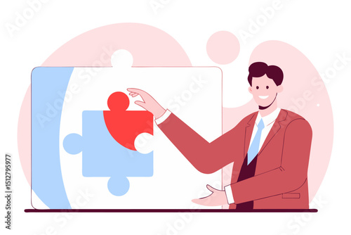 A smiling businessman in a suit places a red and blue puzzle piece into a larger puzzle, symbolizing problem-solving, teamwork, strategy, or business solutions