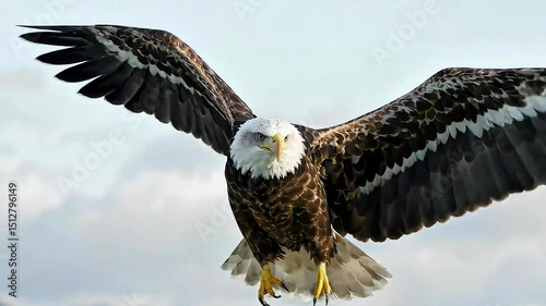 Majestic bald eagle flying with wings spread wide over mountains Seamless looping 4k time - lapse virtual video animation background