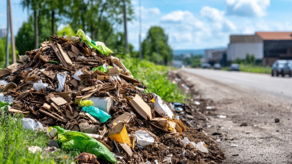 Obraz premium Pile of Waste and Trash Near Unpaved Roadside Under Bright Blue Sky