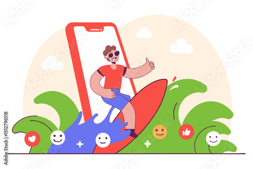 A smiling man surfing on a smartphone within a wave of digital interactions and emojis, symbolizing online presence, social media engagement, or digital lifestyle.