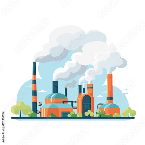 Industrial Factory Plant Building with Chimney Emitting Clouds, Icon for Industry Sector Usage