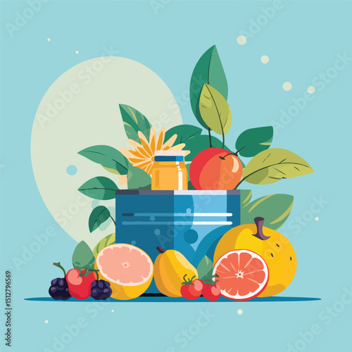 Eco-Friendly Plant Donation Tin and Box with Fresh Fruits over Blue Background