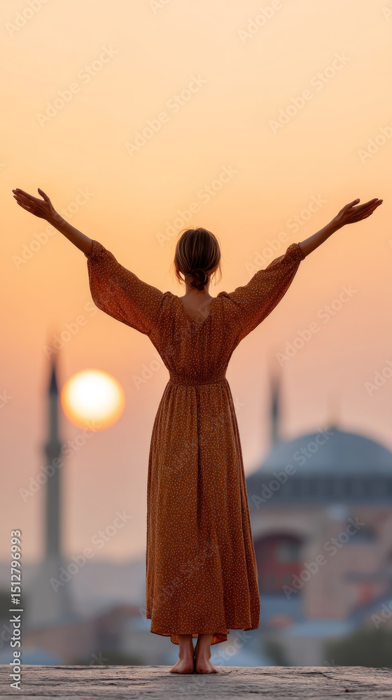 Fototapeta premium Woman embracing sunrise on rooftop overlooking istanbul cityscape
