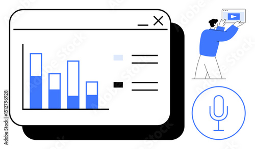 Digital data dashboard with bar chart, settings, and voice support symbol. Person holding video screen. Ideal for technology, data analysis, podcasting, business tools, education online
